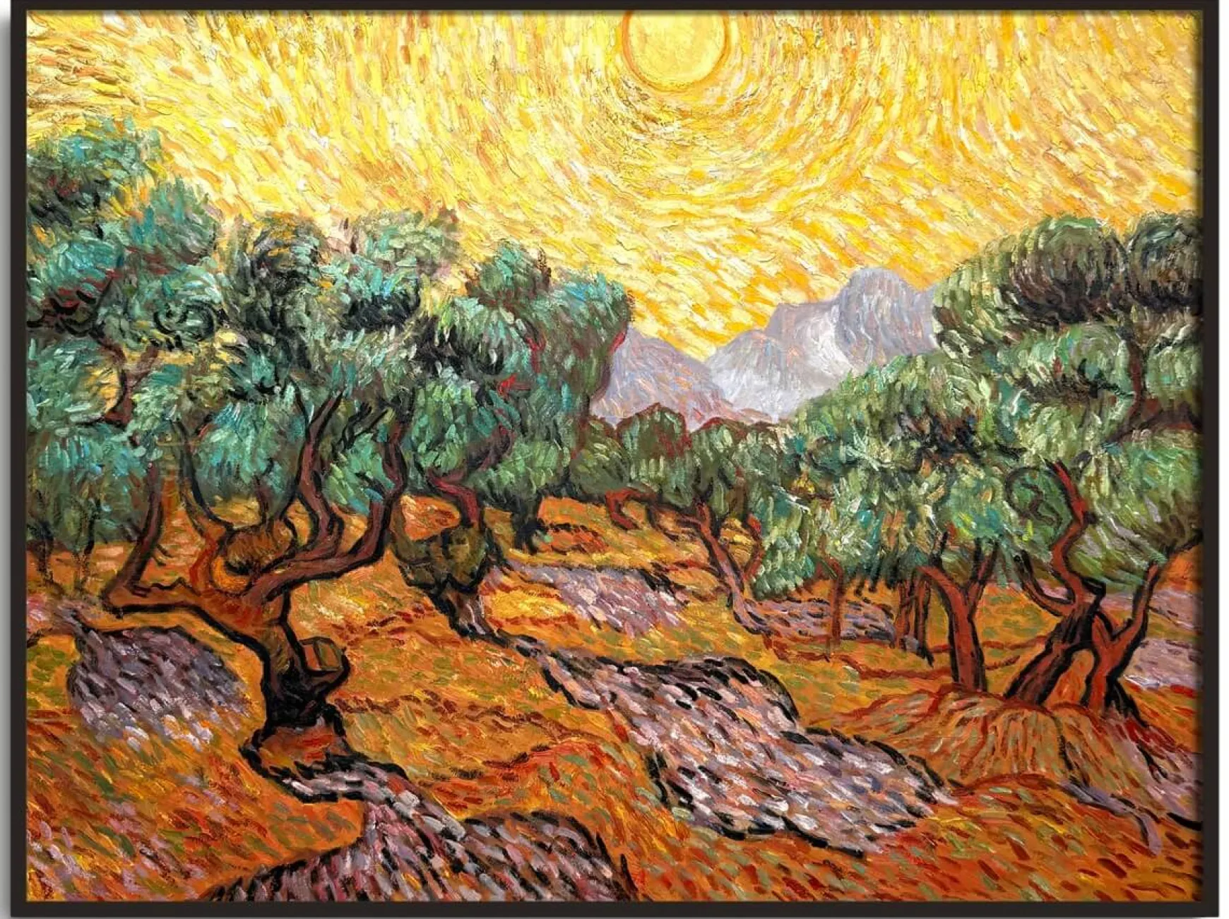 Galerie Mont Van Gogh<Oliviers avec ciel jaune et soleil - Vincent Van Gogh