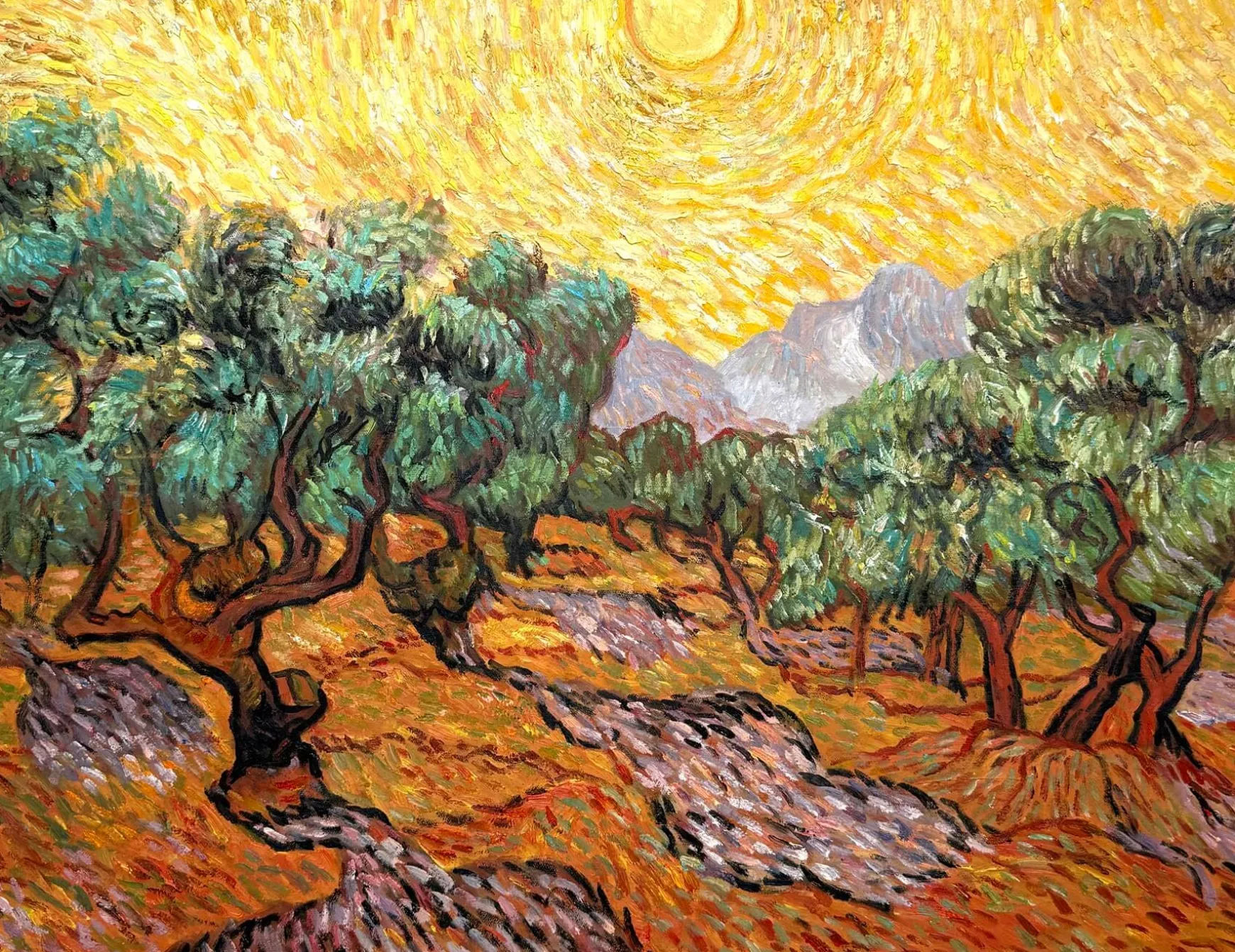 Galerie Mont Van Gogh<Oliviers avec ciel jaune et soleil - Vincent Van Gogh